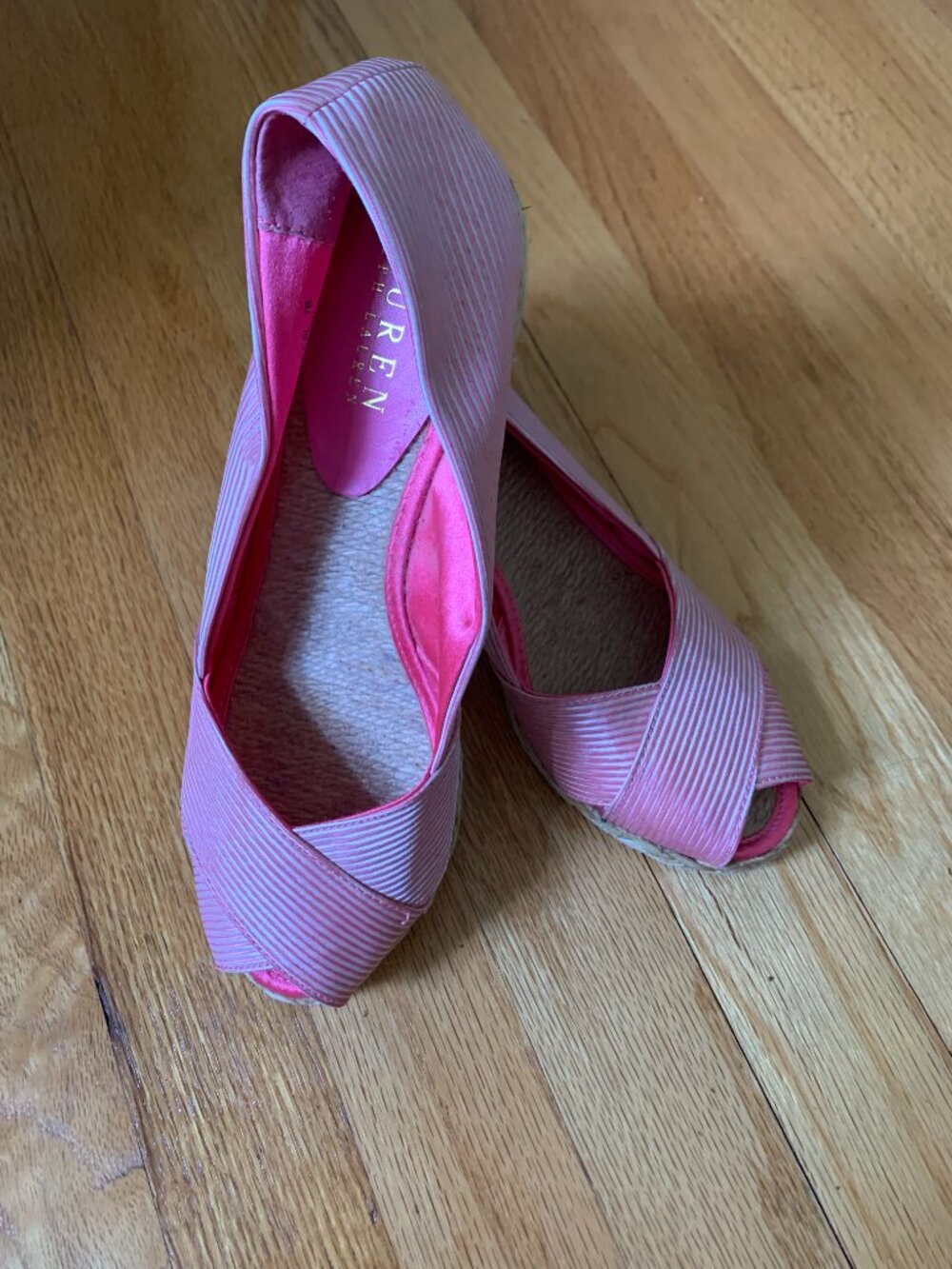 Lauren Ralph Lauren Pink & White Peep Toe Espadrille Wedge-sz 7B